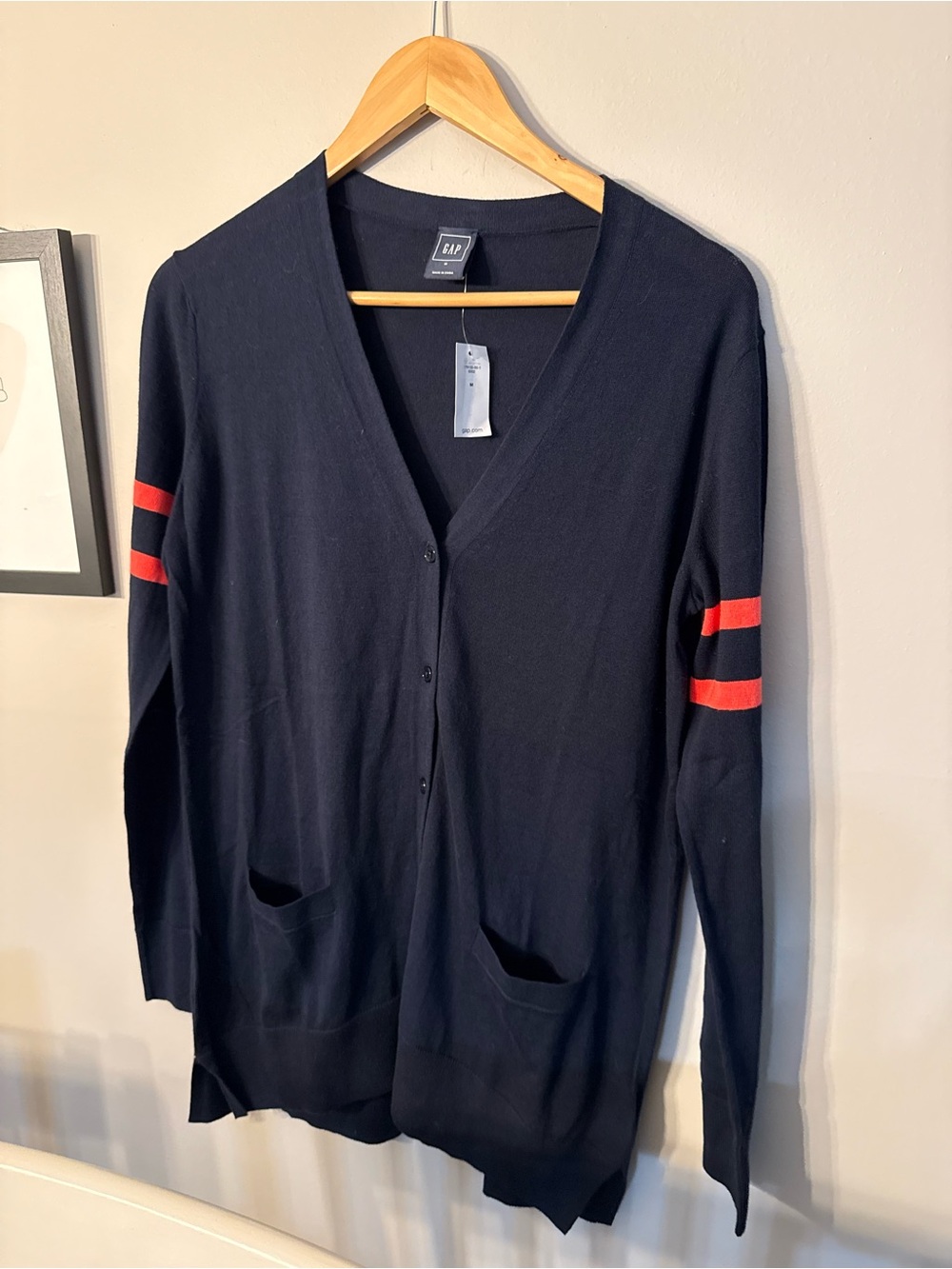 GAP Navy Cardigan with Red Sleeve Stripes